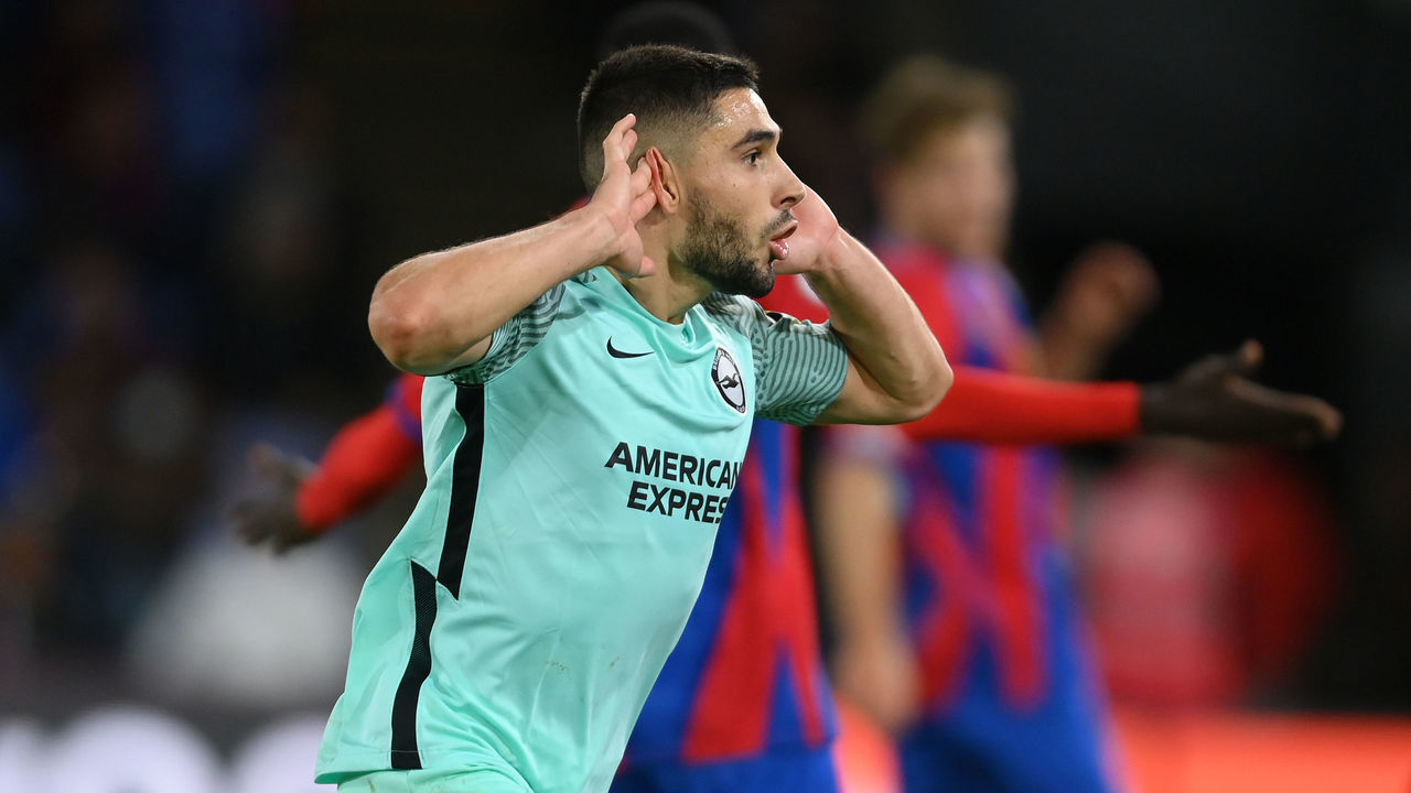 LONDON, ENGLAND - SEPTEMBER 27: Neal Maupay of Brighton & Hove Albion celebrates after scoring their team's first goal during the Premier League match between Crystal Palace and Brighton & Hove Albion at Selhurst Park on September 27, 2021 in London, England.