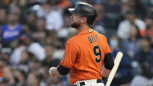 SAN FRANCISCO, CALIFORNIA - SEPTEMBER 17: Brandon Belt #9 of the San Francisco Giants hits a two-run home run against the Atlanta Braves in the bottom of the first inning at Oracle Park on September 17, 2021 in San Francisco, California.