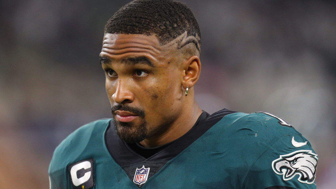 ARLINGTON, TEXAS - SEPTEMBER 27: Jalen Hurts #1 of the Philadelphia Eagles looks on while playing the Dallas Cowboys at AT&T Stadium on September 27, 2021 in Arlington, Texas.