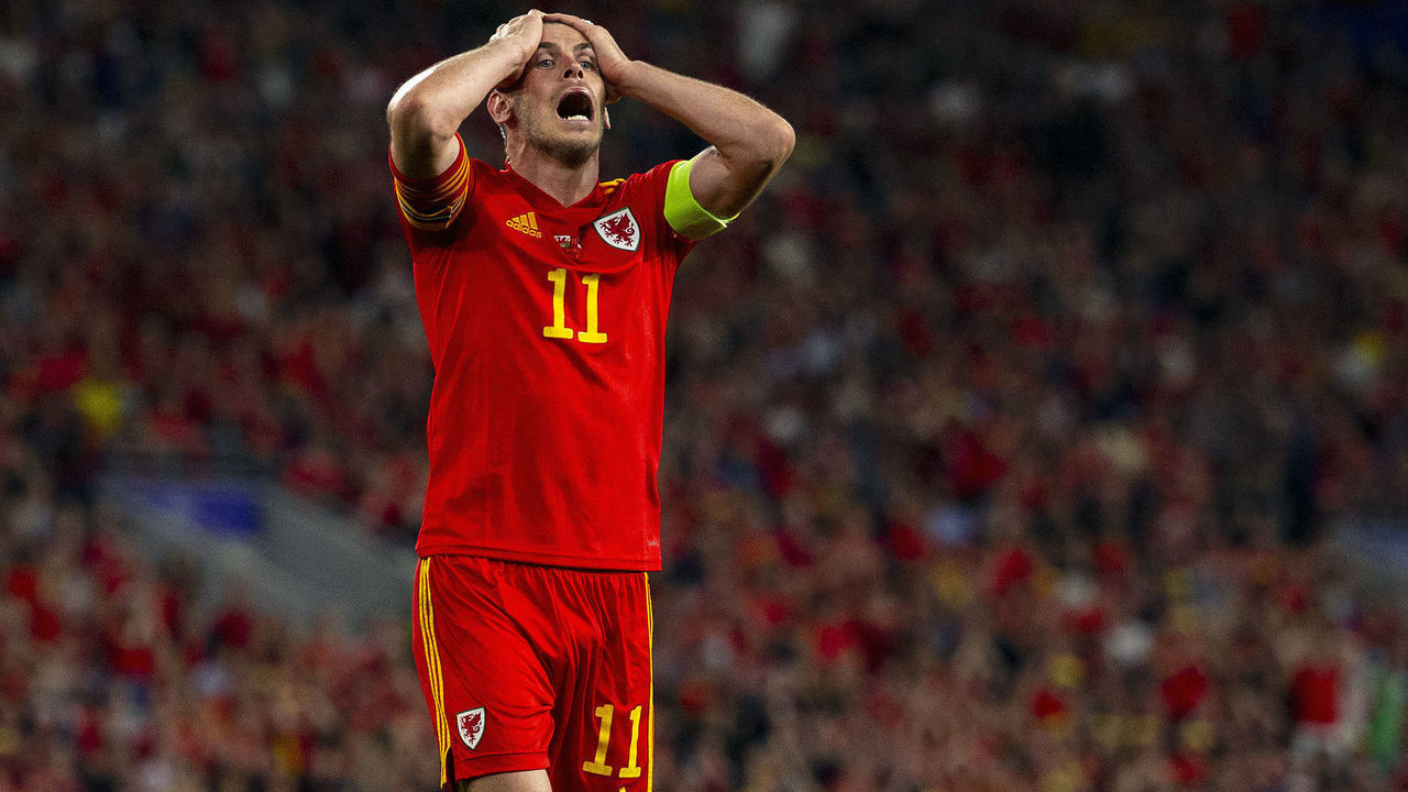 SWANSEA, WALES - SEPTEMBER 08: Gareth Bale of Wales reacts during the 2022 FIFA World Cup Qualifier match between Wales and Estonia at the Cardiff City Stadium on September 08, 2021 in Cardiff, Wales.