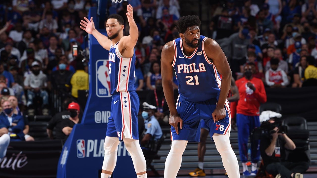 PHILADELPHIA, PA - JUNE 8: Joel Embiid #21 of the Philadelphia 76ers looks on during a game against the Atlanta Hawks during Round 2, Game 2 of the Eastern Conference Playoffs on June 8, 2021 at Wells Fargo Center in Philadelphia, Pennsylvania. NOTE TO USER: User expressly acknowledges and agrees that, by downloading and/or using this Photograph, user is consenting to the terms and conditions of the Getty Images License Agreement. Mandatory Copyright Notice: Copyright 2021 NBAE