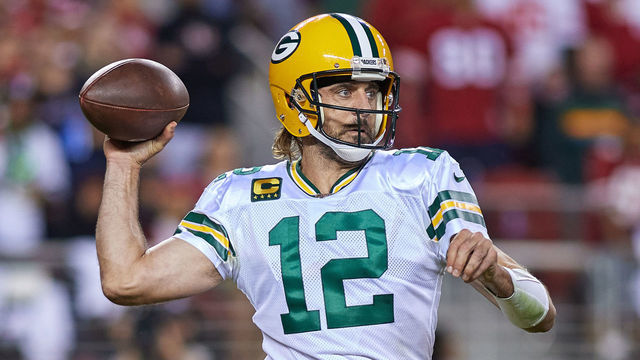 SANTA CLARA, CA - SEPTEMBER 26: Green Bay Packers Quarterback Aaron Rodgers (12) throws the football during a game between the Green Bay Packers and the San Francisco 49ers on September 26, 2021 at Levi's Stadium in Santa Clara, CA.