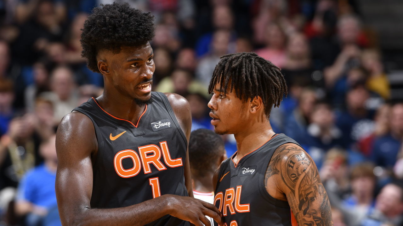 ORLANDO, FL - DECEMBER 23: Jonathan Isaac #1 and Markelle Fultz #20 of the Orlando Magic talk during the game against the Chicago Bulls on December 23, 2019 at Amway Center in Orlando, Florida. Mandatory Copyright Notice: Copyright 2019 NBAE
