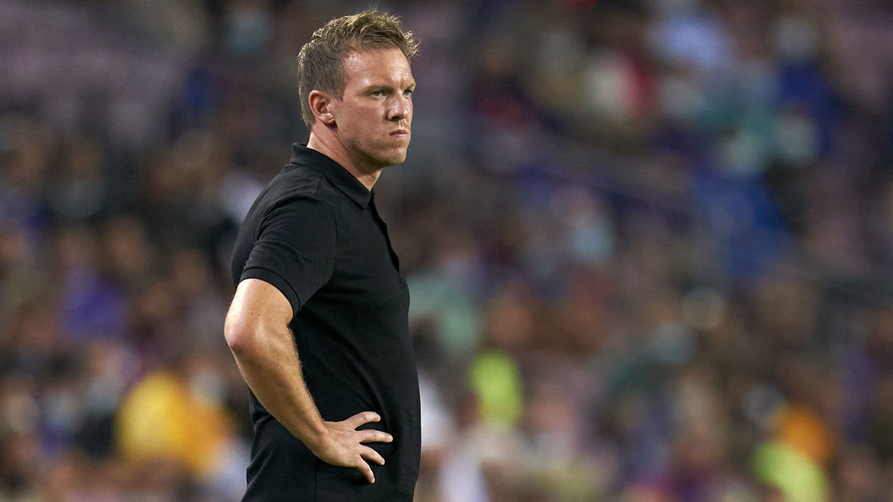 BARCELONA, SPAIN - SEPTEMBER 14: Julian Nagelsmann, Manager of Bayern Munchen looks on during the UEFA Champions League group E match between FC Barcelona and Bayern München at Camp Nou on September 14, 2021 in Barcelona, Spain.