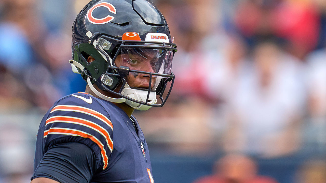 CHICAGO, IL - AUGUST 21: Chicago Bears quarterback Justin Fields (1) looks on during a preseason game between the Chicago Bears and the Buffalo Bills on August 21, 2021 at Soldier Field in Chicago, IL.