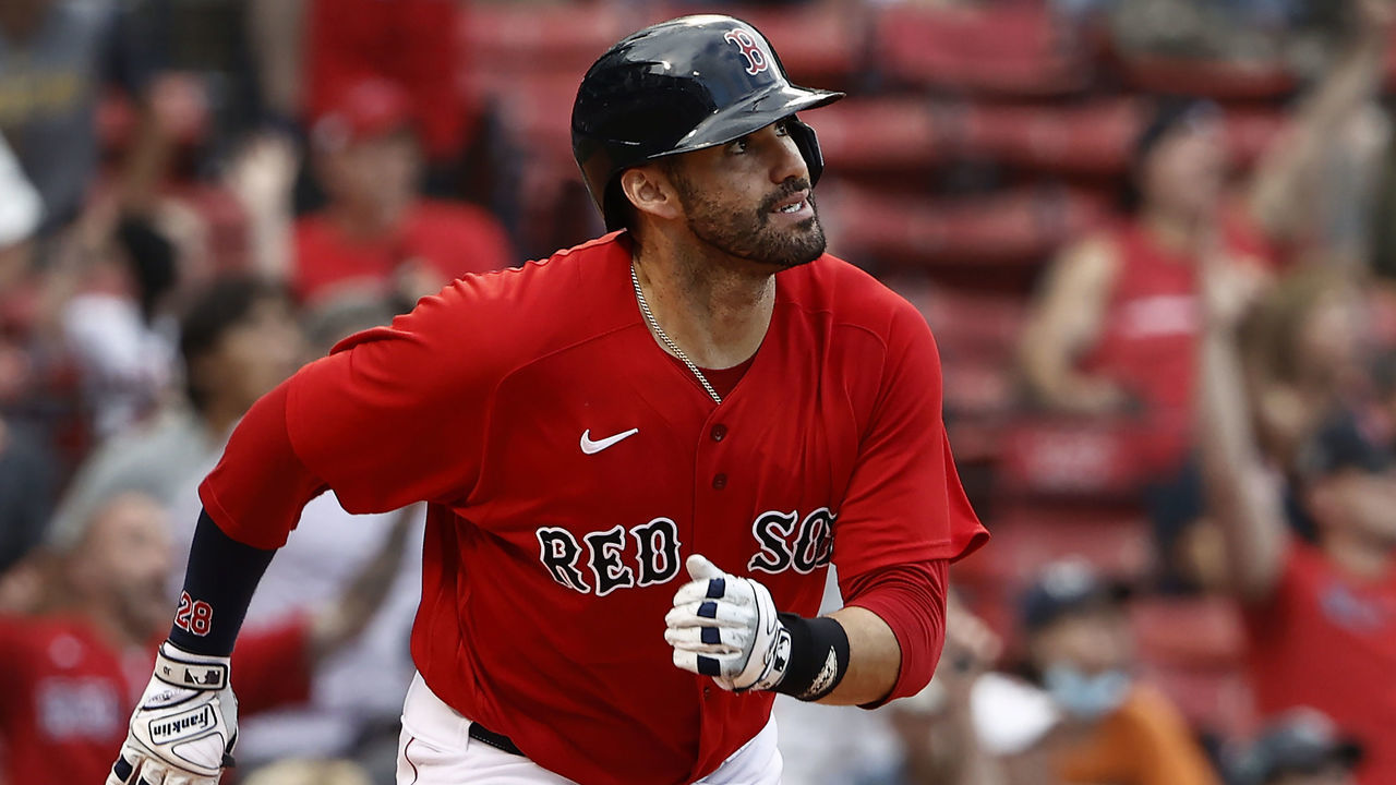 BOSTON, MA - AUGUST 23: J.D. Martinez #28 of the Boston Red Sox watches a hit against the Texas Rangers during the tenth inning at Fenway Park on August 23, 2021 in Boston, Massachusetts.