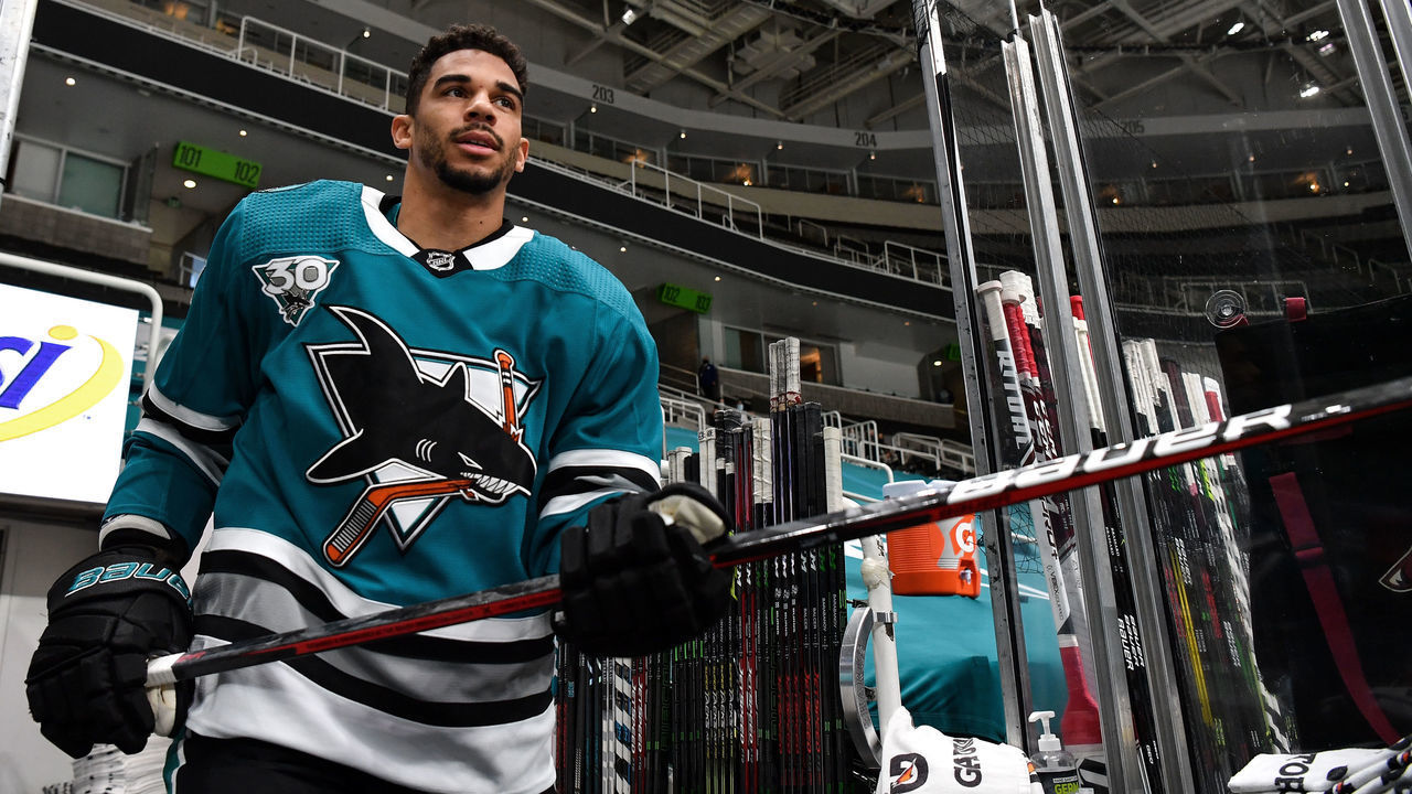 SAN JOSE, CA - MAY 08: Evander Kane #9 of the San Jose Sharks takes the ice for warmups against the Arizona Coyotes at SAP Center on May 8, 2021 in San Jose, California.