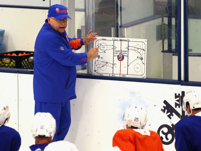 EAST MEADOW, NEW YORK - SEPTEMBER 23: Head coach Barry Trotz of the New York Islanders conducts practice at the Northwell Health Ice Center at Eisenhower Park on September 23, 2021 in East Meadow, New York.