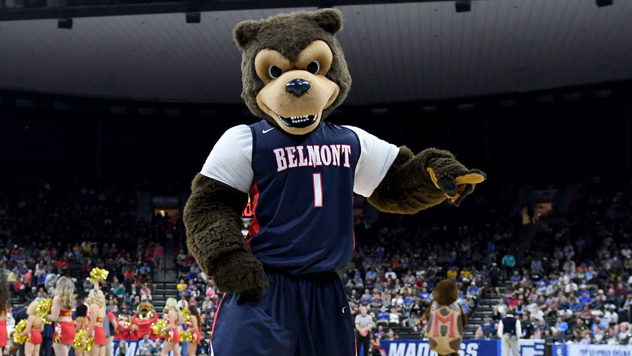 JACKSONVILLE, FL - MARCH 21: The Belmont Bruins mascot on the floor looks on during the First Round of the NCAA Basketball Tournament against the Maryland Terrapins at the VyStar Veterans Memorial Arena on March 21, 2019 in Jacksonville, Florida.