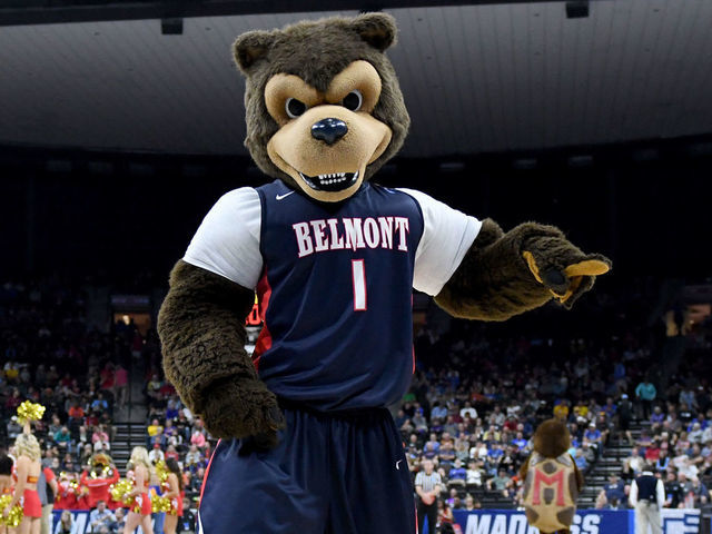 JACKSONVILLE, FL - MARCH 21: The Belmont Bruins mascot on the floor looks on during the First Round of the NCAA Basketball Tournament against the Maryland Terrapins at the VyStar Veterans Memorial Arena on March 21, 2019 in Jacksonville, Florida.