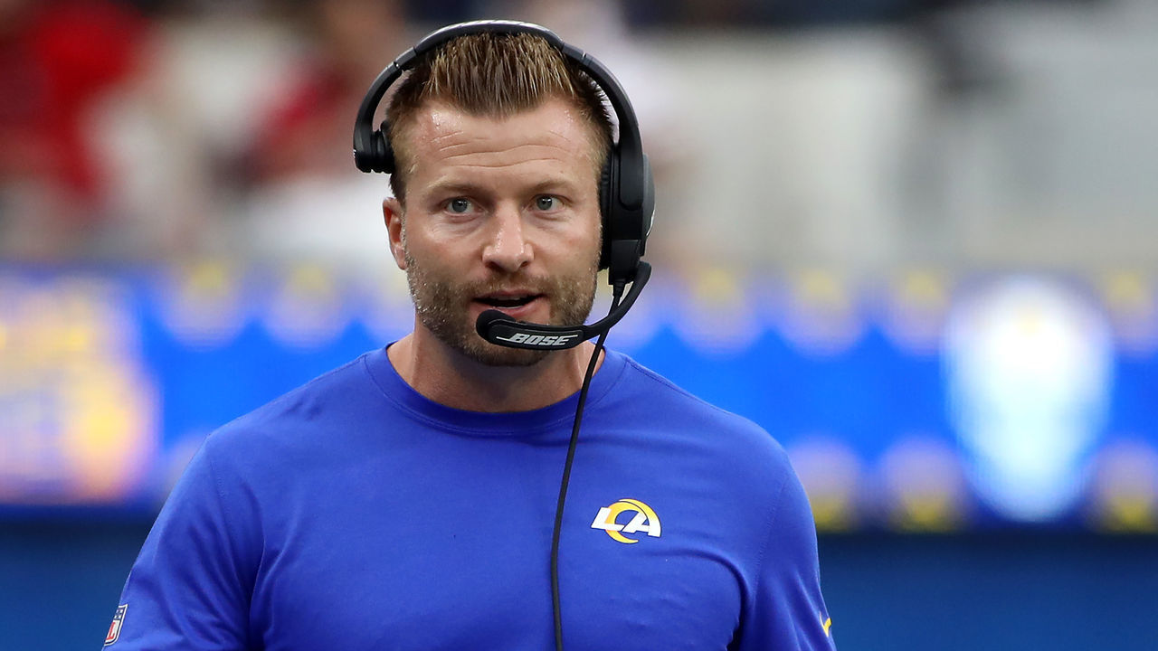 INGLEWOOD, CALIFORNIA - SEPTEMBER 26: Head coach Sean McVay of the Los Angeles Rams looks on during the first quarter against the Tampa Bay Buccaneers at SoFi Stadium on September 26, 2021 in Inglewood, California.