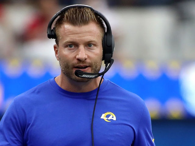 INGLEWOOD, CALIFORNIA - SEPTEMBER 26: Head coach Sean McVay of the Los Angeles Rams looks on during the first quarter against the Tampa Bay Buccaneers at SoFi Stadium on September 26, 2021 in Inglewood, California.