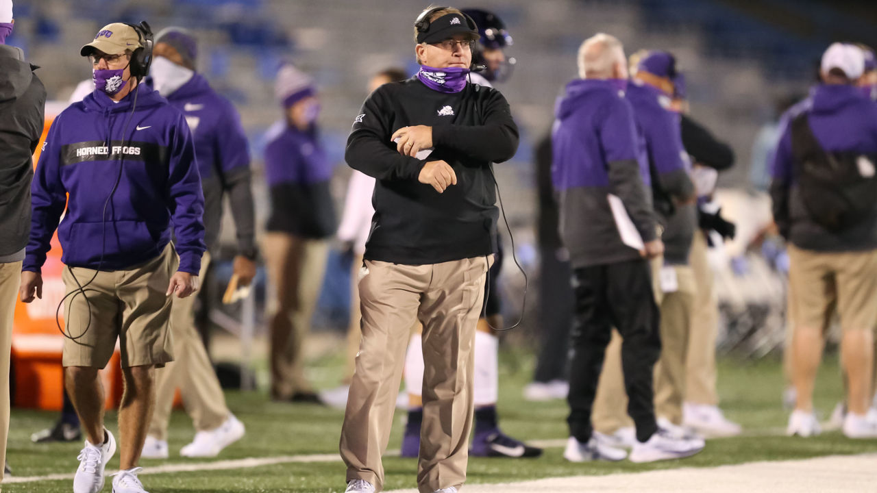 LAWRENCE, KS - NOVEMBER 28: TCU Horned Frogs head coach Gary Patterson on the sidelines in the first quarter of a Big 12 game between the TCU Horned Frogs and Kansas Jayhawks on November 28, 2020 at Memorial Stadium in Lawrence, KS.