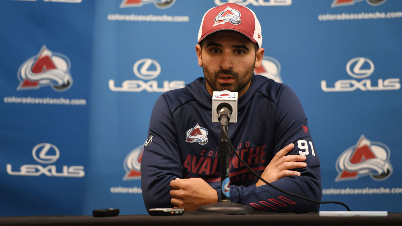 ENGLEWOOD, COLORADO - SEPTEMBER 27: Colorado Avalanche center Nazem Kadri (91) taks with the media during the final day of the Colorado Avalanche training camp at Family Sports Center on September 27, 2021 in Englewood, Colorado.