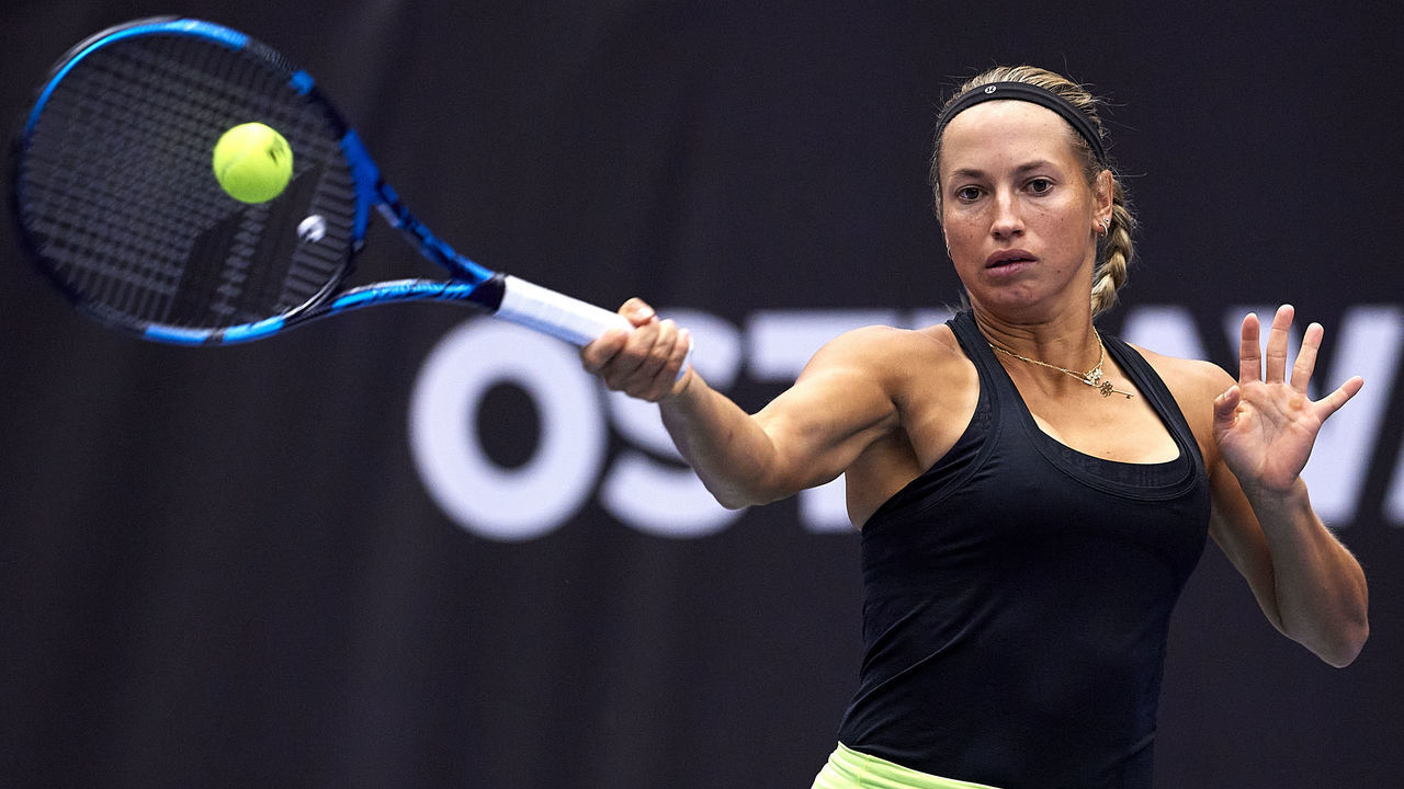 OSTRAVA, CZECH REPUBLIC - SEPTEMBER 22: Yulia Putintseva from Kazakhastan plays forehand in her Round of 16 Singles match against Iga Swiatek from Poland during Day 3 of the J&T Banka Ostrava Open 2021 on September 22, 2021 in Ostrava, Czech Republic.