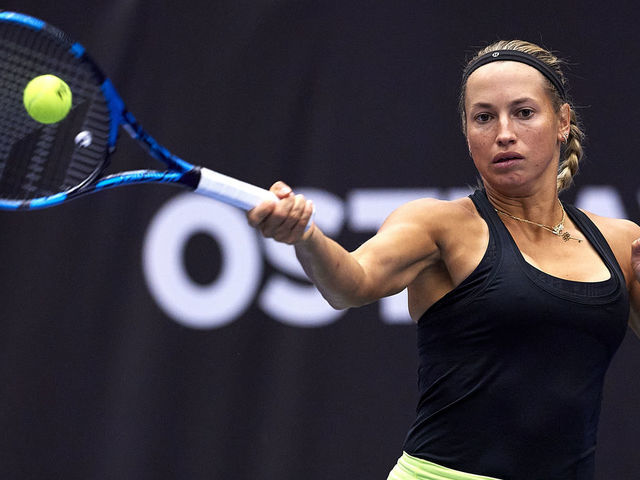OSTRAVA, CZECH REPUBLIC - SEPTEMBER 22: Yulia Putintseva from Kazakhastan plays forehand in her Round of 16 Singles match against Iga Swiatek from Poland during Day 3 of the J&T Banka Ostrava Open 2021 on September 22, 2021 in Ostrava, Czech Republic.