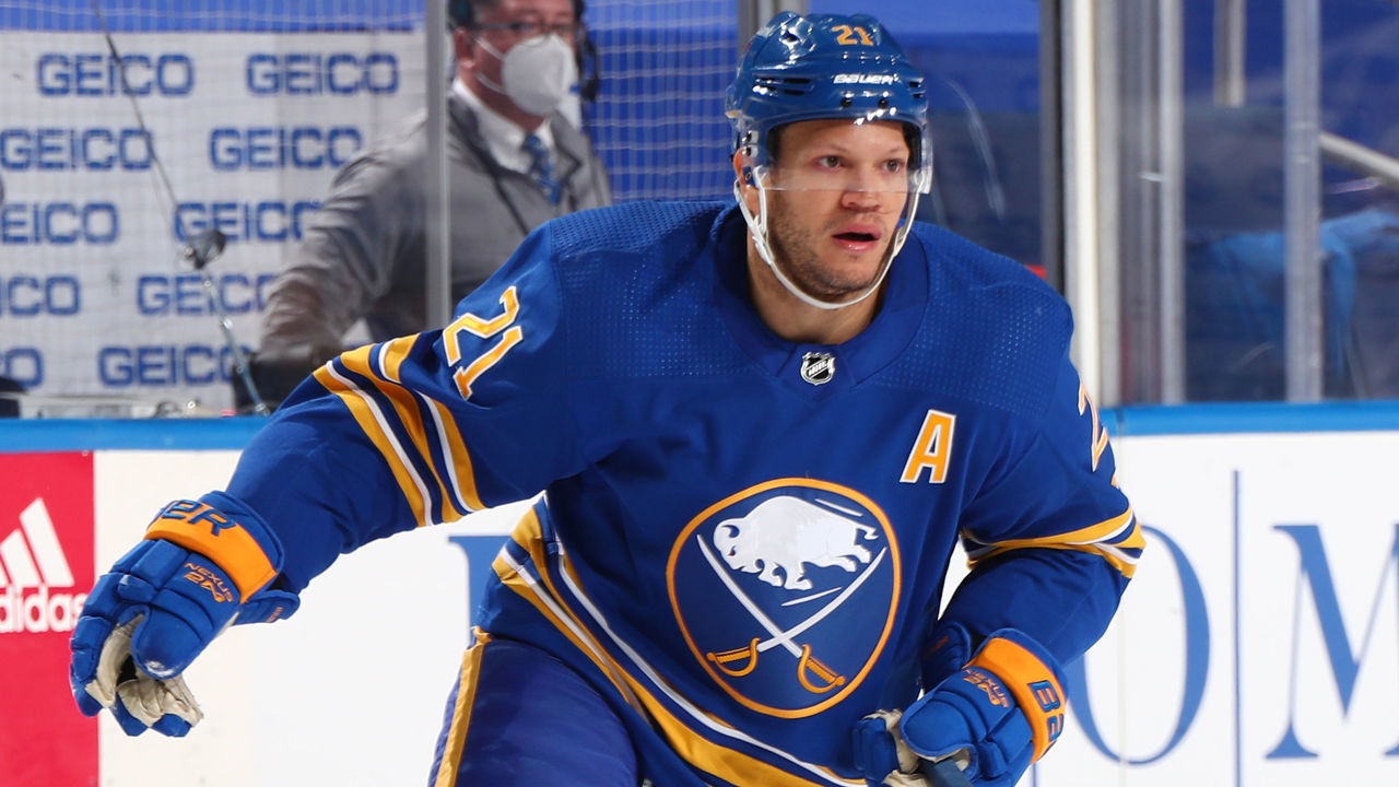 BUFFALO, NY - APRIL 9: Kyle Okposo #21 of the Buffalo Sabres skates against the Washington Capitals during an NHL game on April 9, 2021 at KeyBank Center in Buffalo, New York.