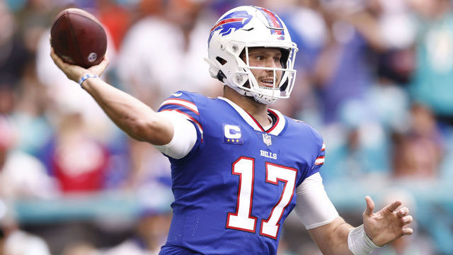 MIAMI GARDENS, FLORIDA - SEPTEMBER 19: Quarterback Josh Allen #17 of the Buffalo Bills passes the ball in the first half of the game against the Miami Dolphins at Hard Rock Stadium on September 19, 2021 in Miami Gardens, Florida.