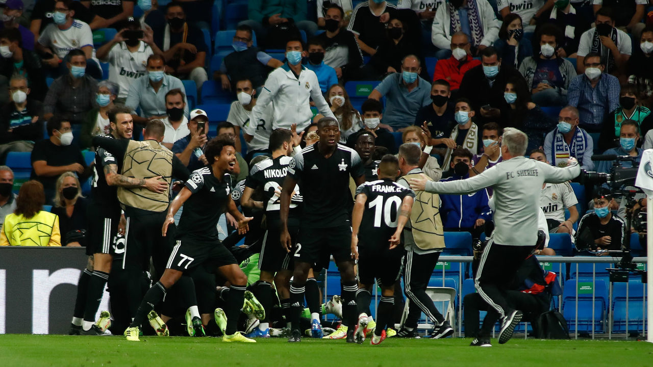 MADRID, SPAIN - SEPTEMBER 28: Sebastien Thill of Sheriff celebrates a goal with teammates during the UEFA Champions League, Group D, football match played between Real Madrid and FC Sheriff Tiraspol at Santiago Bernabeu stadium on Septenber 28, 2021, in Madrid, Spain.