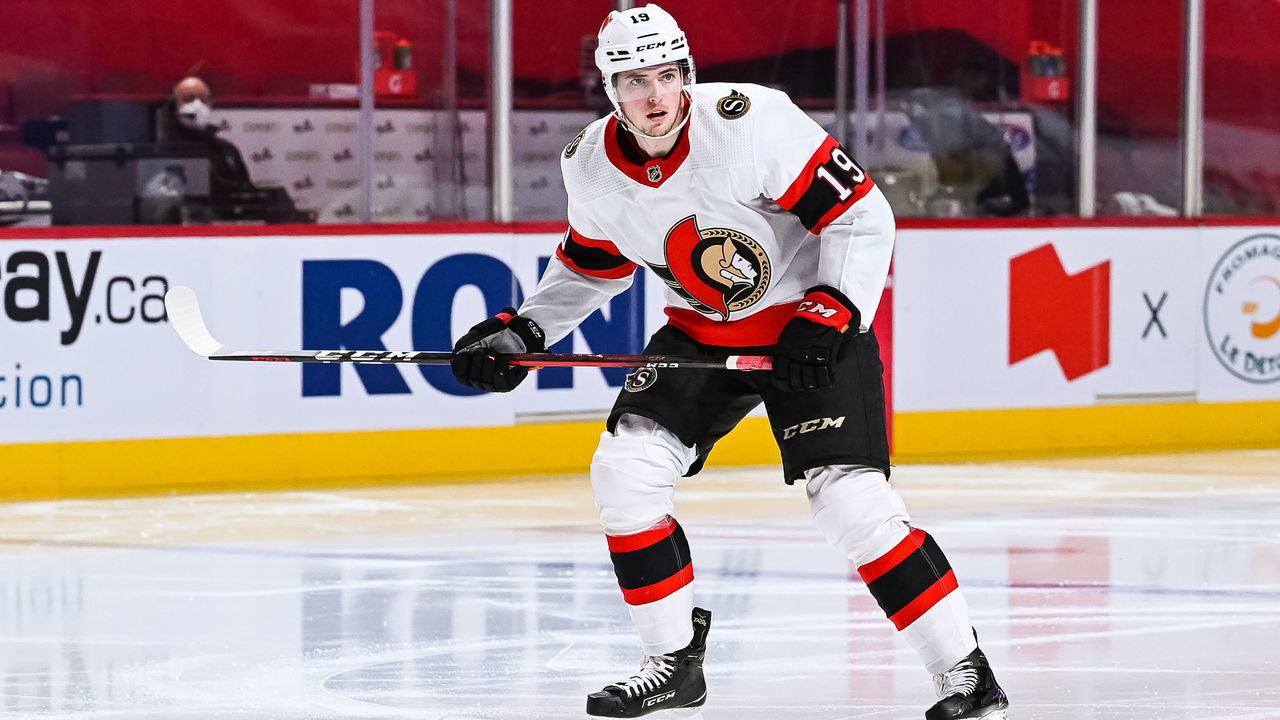 MONTREAL, QC - APRIL 17: Ottawa Senators right wing Drake Batherson (19) tracks the play on his left during the Ottawa Senators versus the Montreal Canadiens game on April 17, 2021, at Bell Centre in Montreal, QC