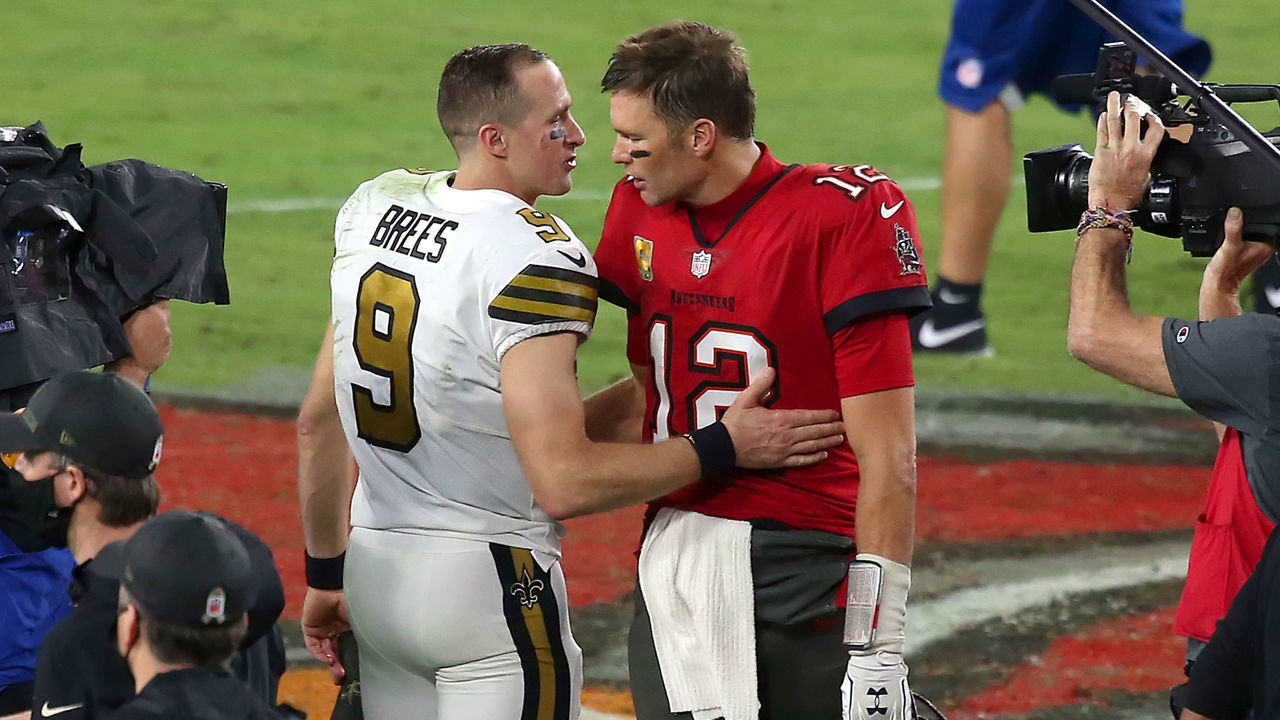 TAMPA, FL - NOVEMBER 08: Two of the greatest quarterbacks in NFL history Drew Brees (9) of the Saints and Tom Brady (12) of the Buccaneers share a few words of encouragement after the regular season game between the New Orleans Saints and the Tampa Bay Buccaneers on November 08, 2020 at Raymond James Stadium in Tampa, Florida.