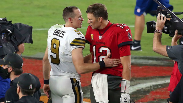 TAMPA, FL - NOVEMBER 08: Two of the greatest quarterbacks in NFL history Drew Brees (9) of the Saints and Tom Brady (12) of the Buccaneers share a few words of encouragement after the regular season game between the New Orleans Saints and the Tampa Bay Buccaneers on November 08, 2020 at Raymond James Stadium in Tampa, Florida.