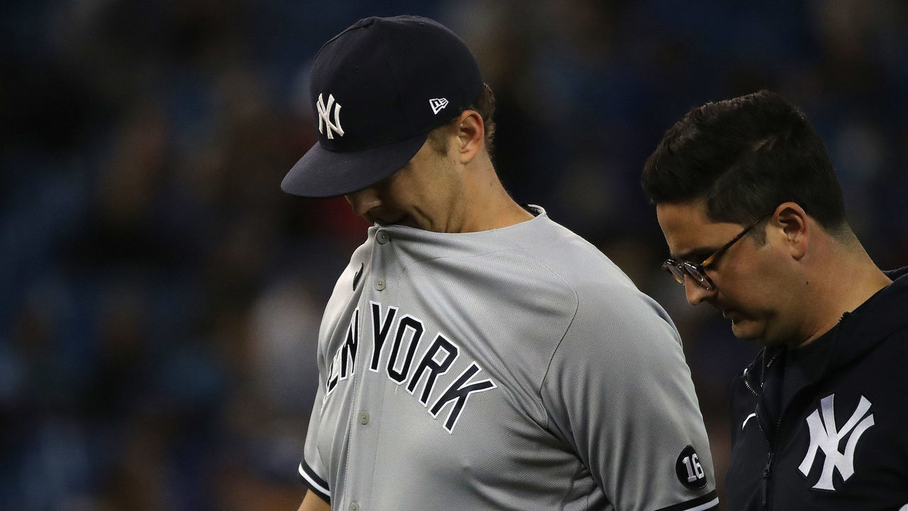 Toronto, ON- September 28 - New York Yankees starting pitcher Jameson Taillon (50) leaves the game with an injury as the Toronto Blue Jays play the New York Yankees with an increased capacity from 15,000 fans to 30,000 fans at Rogers Centre in Toronto. September 28, 2021. (Steve Russell/Toronto Star via Getty Images)