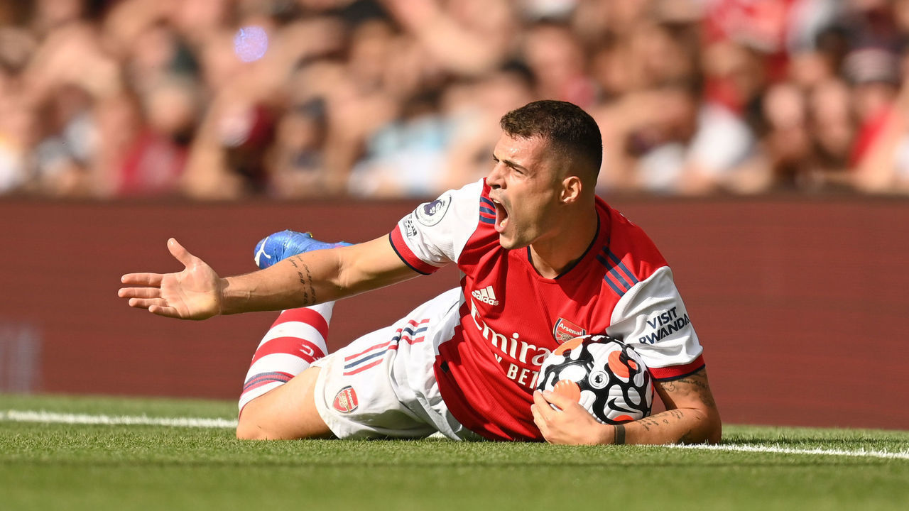 LONDON, ENGLAND - AUGUST 22: Granit Xhaka of Arsenal reacts during the Premier League match between Arsenal and Chelsea at Emirates Stadium on August 22, 2021 in London, England.