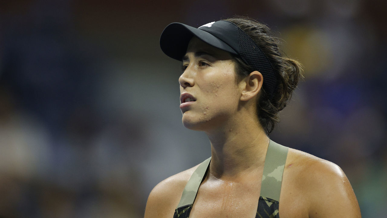 NEW YORK, NEW YORK - SEPTEMBER 05: Garbine Muguruza of Spain looks on as she plays against Barbora Krejcikova of Czech Republic during their Women's Singles fourth round match on Day Seven at the USTA Billie Jean King National Tennis Center on September 05, 2021 in New York City.