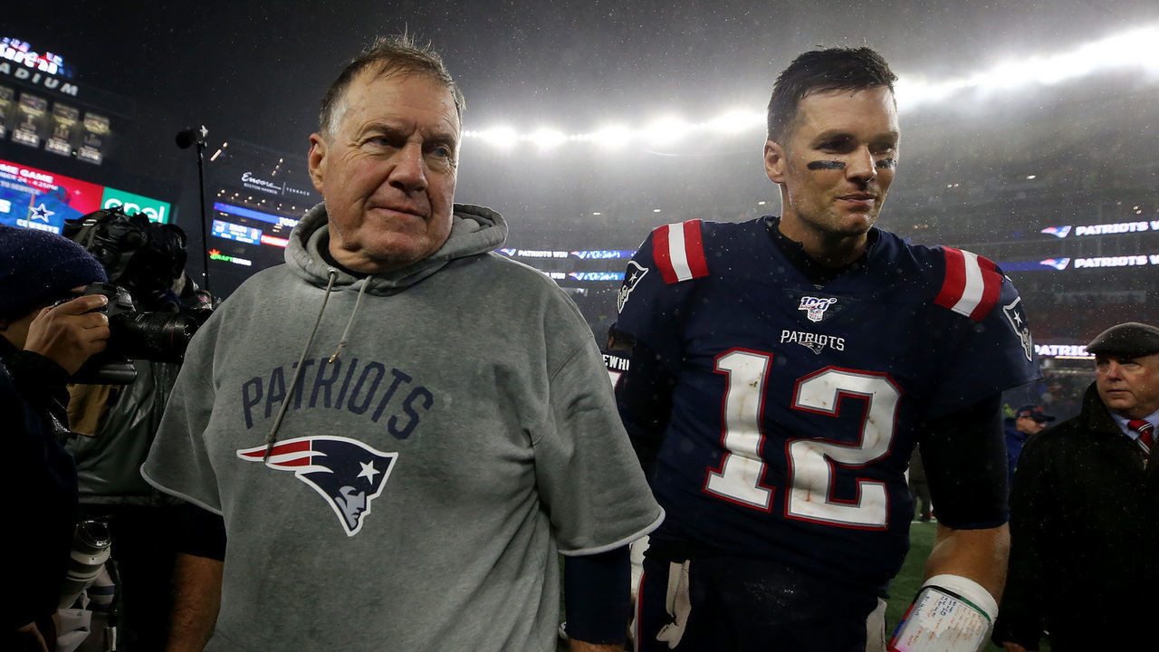 FOXBORO MA. - OCTOBER 27: New England Patriots head coach Bill Belichick smiles as he walks off the field with quarterback Tom Brady after beating the Cleveland Browns 27-13 for his 300th win at Gillette Stadium on October 27, 2019 in Foxboro, MA. (Staff Photo By Nancy Lane/MediaNews Group/Boston Herald) ( Photo by Nancy Lane/MediaNews Group/Boston Herald via Getty Images)