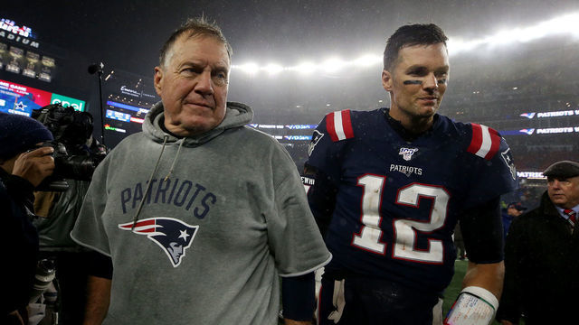 FOXBORO MA. - OCTOBER 27: New England Patriots head coach Bill Belichick smiles as he walks off the field with quarterback Tom Brady after beating the Cleveland Browns 27-13 for his 300th win at Gillette Stadium on October 27, 2019 in Foxboro, MA. (Staff Photo By Nancy Lane/MediaNews Group/Boston Herald) ( Photo by Nancy Lane/MediaNews Group/Boston Herald via Getty Images)