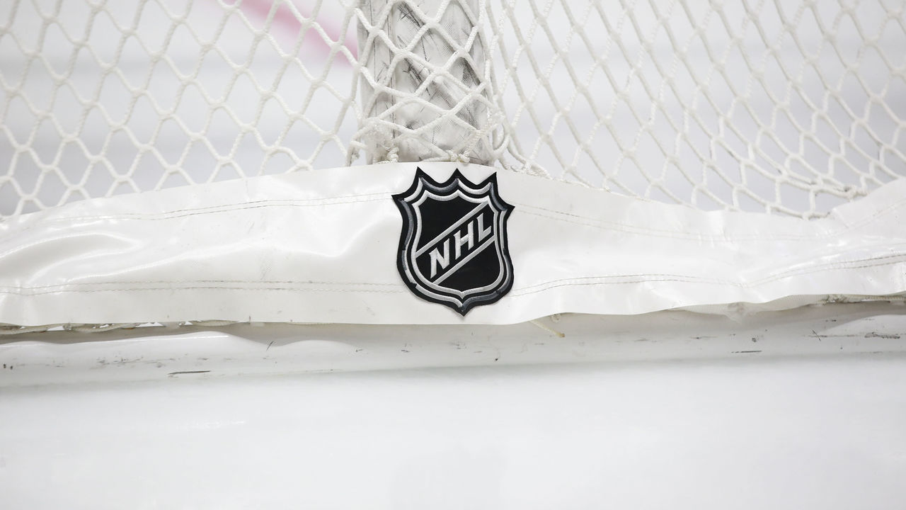 VANCOUVER, BC - FEBRUARY 23: NHL logo on the back of the net as the Edmonton Oilers play the Vancouver Canucks during their NHL game at Rogers Arena on February 23, 2021 in Vancouver, British Columbia, Canada.