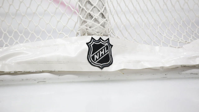 VANCOUVER, BC - FEBRUARY 23: NHL logo on the back of the net as the Edmonton Oilers play the Vancouver Canucks during their NHL game at Rogers Arena on February 23, 2021 in Vancouver, British Columbia, Canada.