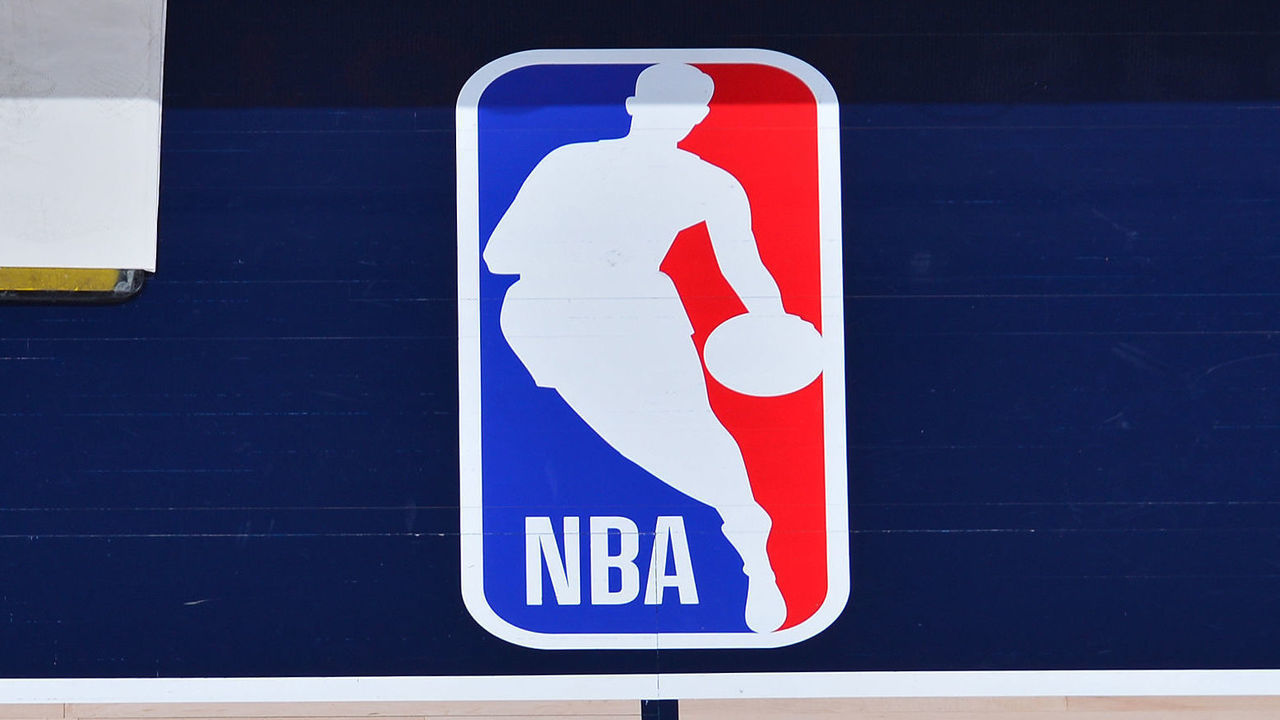 DENVER, CO - APRIL 6: The NBA logo pictured on the court on April 6, 2021 at the Ball Arena in Denver, Colorado. NOTE TO USER: User expressly acknowledges and agrees that, by downloading and/or using this Photograph, user is consenting to the terms and conditions of the Getty Images License Agreement. Mandatory Copyright Notice: Copyright 2021 NBAE
