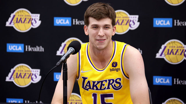 EL SEGUNDO, CALIFORNIA - SEPTEMBER 28: Austin Reaves #15 of the Los Angeles Lakers speaks to media at a press conference during Los Angeles Lakers media day at UCLA Health Training Center on September 28, 2021 in El Segundo, California.