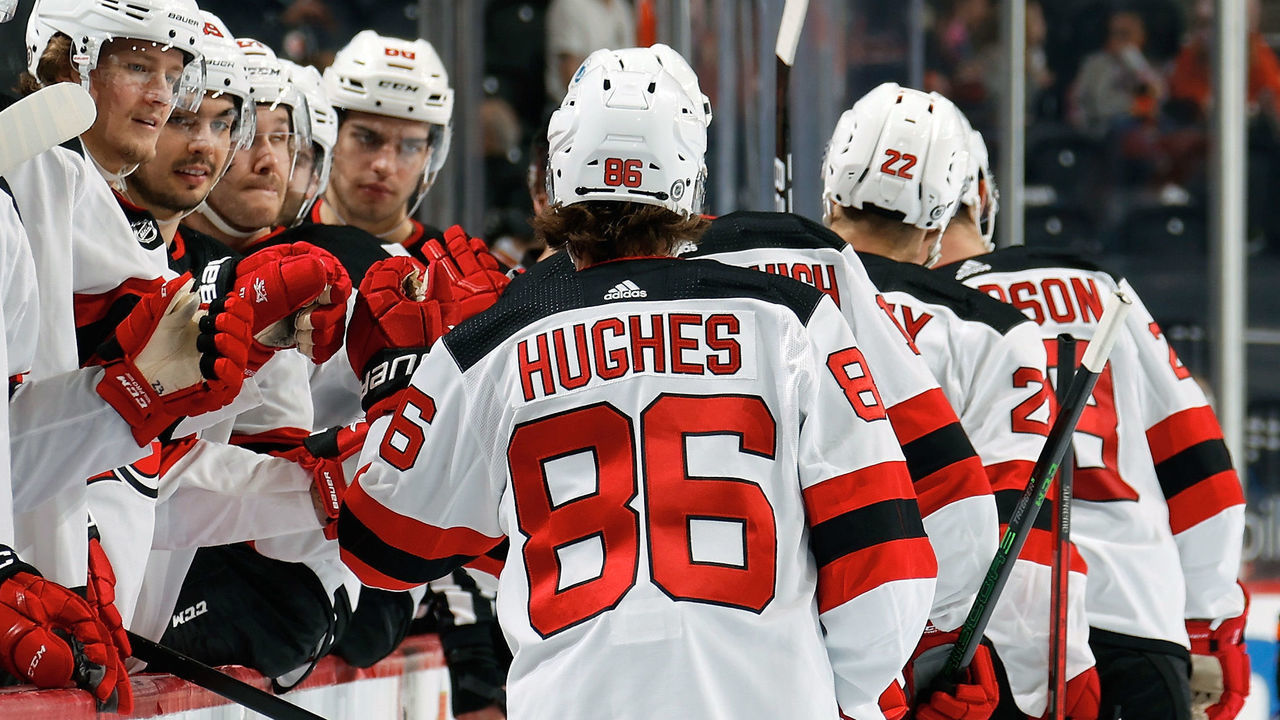 PHILADELPHIA, PA - MAY 01: Jack Hughes #86 of the New Jersey Devils celebrates a third period goal with teammates on the bench against the Philadelphia Flyers at the Wells Fargo Center on May 1, 2021 in Philadelphia, Pennsylvania.