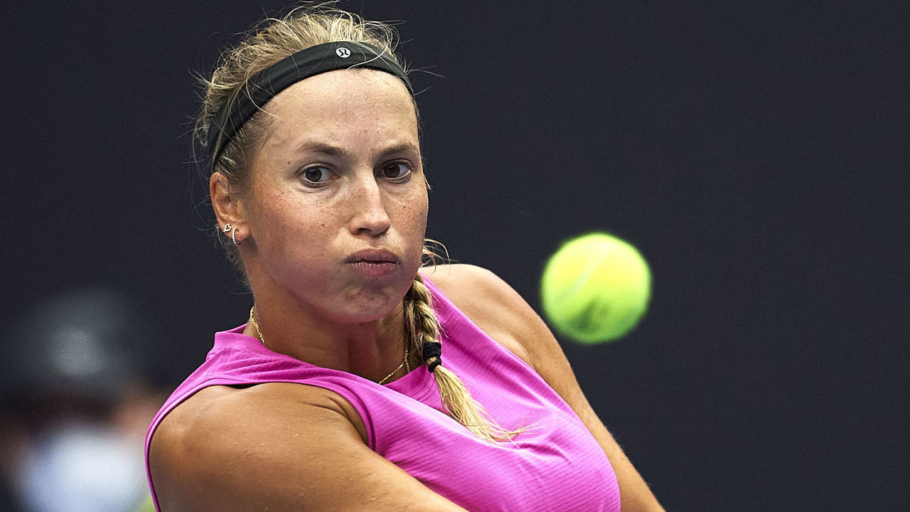 OSTRAVA, CZECH REPUBLIC - SEPTEMBER 21: Yulia Putintseva from Kazakhstan plays backhand in her Round of 32 Singles match against Shuai Zhang from China during Day 2 of the J&T Banka Ostrava Open 2021 on September 21, 2021 in Ostrava, Czech Republic.