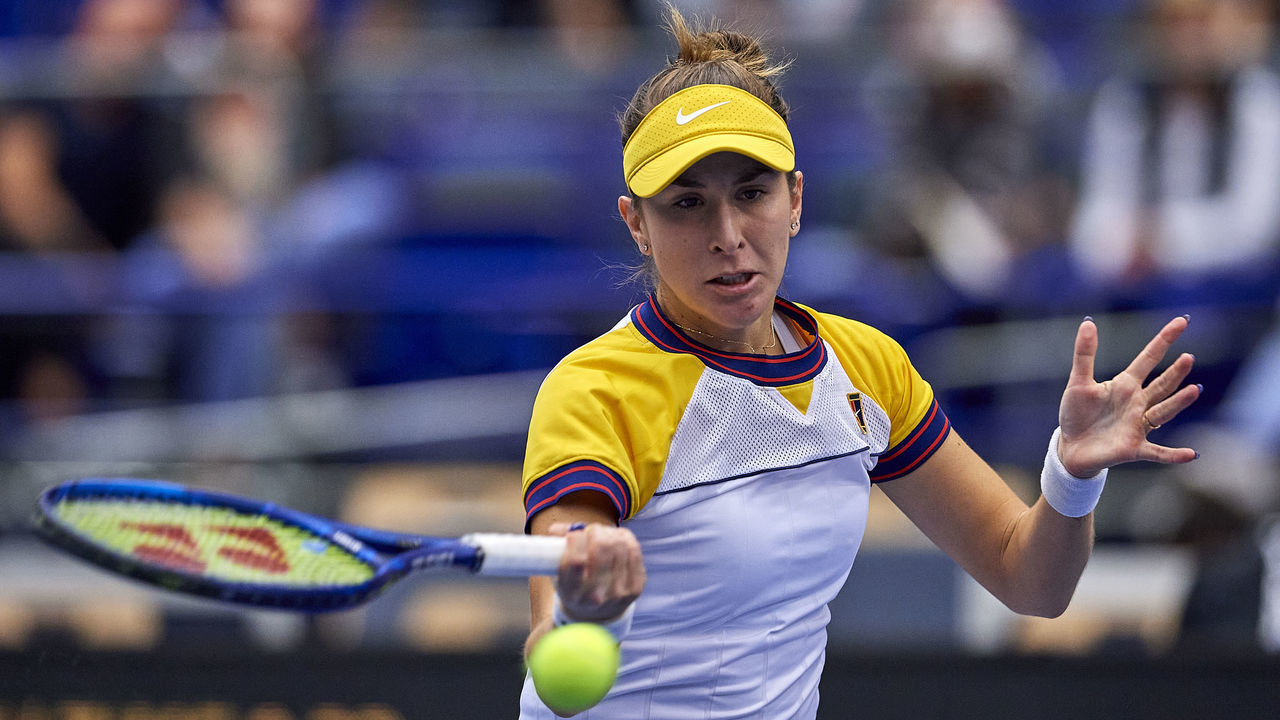 OSTRAVA, CZECH REPUBLIC - SEPTEMBER 24: Belinda Bencic from Switzerland plays a forehand against Anett Kontaveit from Estonia in Quarterfinal Singles match during Day 5 of the J&T Banka Ostrava Open 2021 on September 24, 2021 in Ostrava, Czech Republic.
