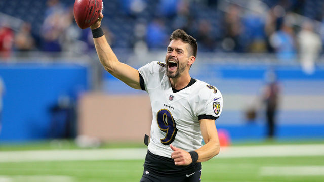Baltimore Ravens kicker Justin Tucker (9) celebrates at the conclusion of the game after making the winning kick an NFL football game against the Detroit Lions in Detroit, Michigan USA, on Sunday, September 26, 2021.