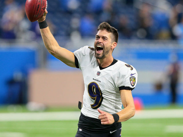 Baltimore Ravens kicker Justin Tucker (9) celebrates after making