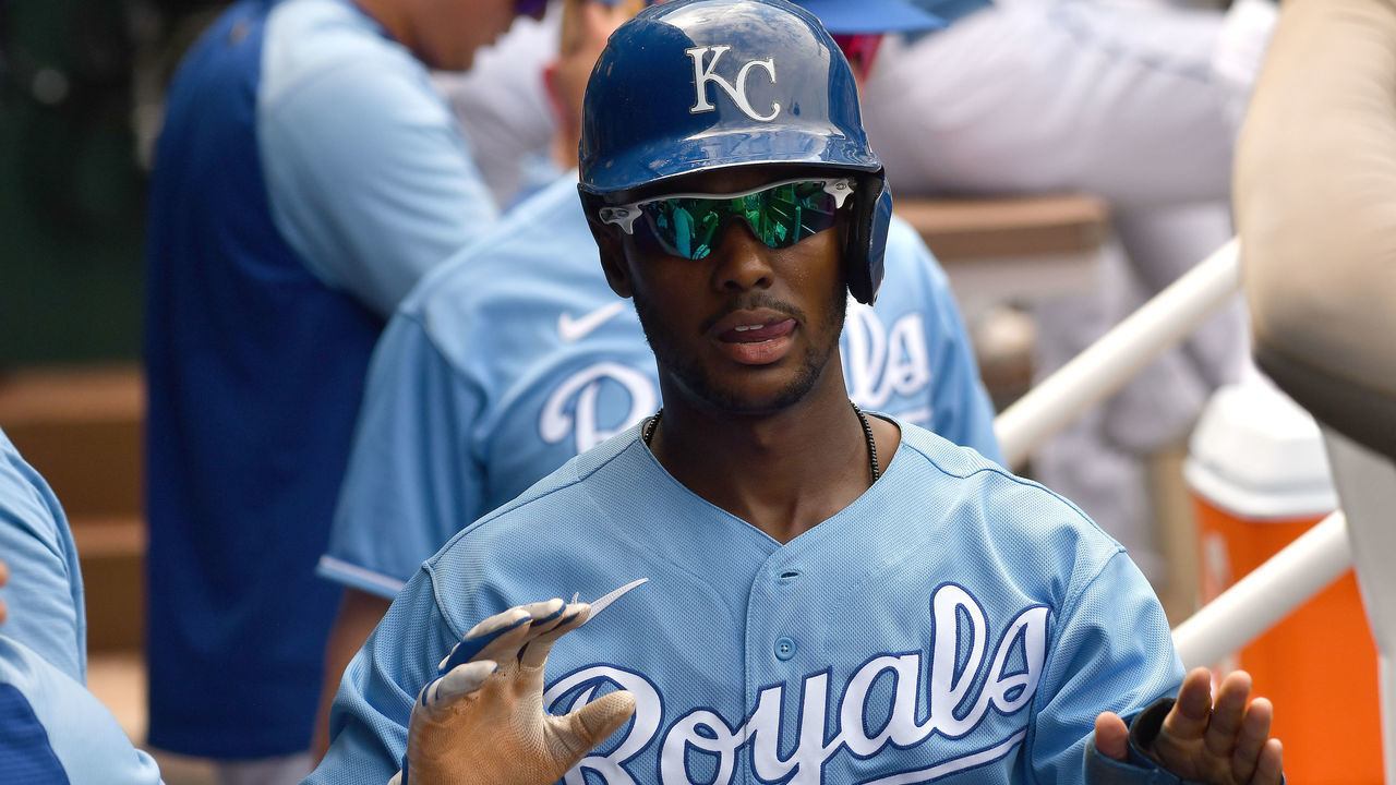 KANSAS CITY, MO - JULY 25: Kansas City Royals centerfielder Michael Taylor (2) is congratulated by teammates after scoring during a Major League Baseball game between the Detroit Tigers and the Kansas City Royals on July 25, 2021, at Kauffman Stadium, Kansas City, MO. ,