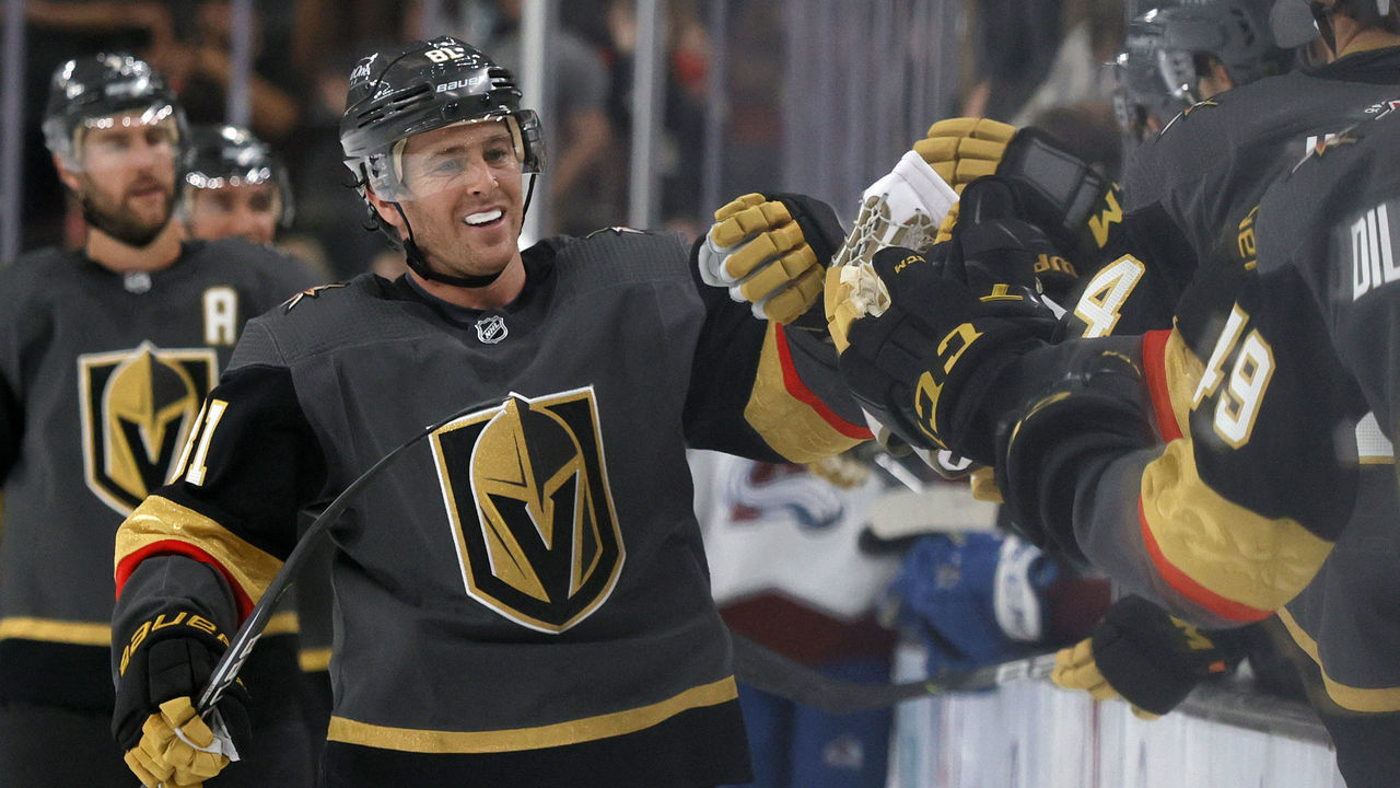 LAS VEGAS, NEVADA - SEPTEMBER 28: Jonathan Marchessault #81 of the Vegas Golden Knights celebrates with teammates on the bench after scoring a third-period power-play goal against the Colorado Avalanche during their preseason game at T-Mobile Arena on September 28, 2021 in Las Vegas, Nevada. The Golden Knights defeated the Avalanche 4-3.