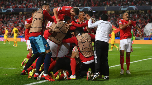 LISBON, PORTUGAL - SEPTEMBER 29: Rafa of SL Benfica celebrates scoring his sides second goal with team mates during the UEFA Champions League group E match between SL Benfica and FC Barcelona at Estadio da Luz on September 29, 2021 in Lisbon, Portugal.