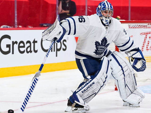 MONTREAL, QC - MAY 29: Toronto Maple Leafs goalie Jack Campbell (36) intercepts the puck during the NHL Stanley Cup Playoffs first round game 6 between the Toronto Maple Leafs versus the Montreal Canadiens on May 29, 2021, at Bell Centre in Montreal, QC