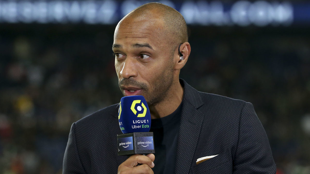 PARIS, FRANCE - SEPTEMBER 19: Thierry Henry, pundit for Amazon Prime Video, comments the Ligue 1 Uber Eats match between Paris Saint-Germain (PSG) and Olympique Lyonnais (OL) at Parc des Princes stadium on September 19, 2021 in Paris, France.