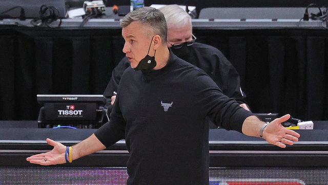 CHICAGO, ILLINOIS - MAY 07: Head coach Billy Donovan of the Chicago Bulls argues with referee during a game against the Boston Celtics at the United Center on May 07, 2021 in Chicago, Illinois. The Bulls defeated the Celtics 121-99.