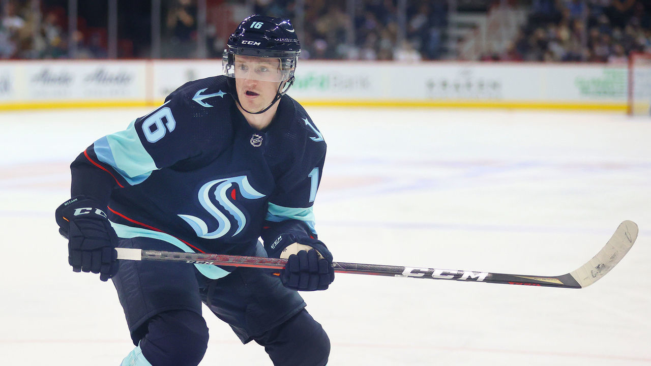 SPOKANE, WASHINGTON - SEPTEMBER 26: Jared McCann #16 of the Seattle Kraken skates against the Vancouver Canucks in the third period during a preseason game at Spokane Veterans Memorial Arena on September 26, 2021 in Spokane, Washington.