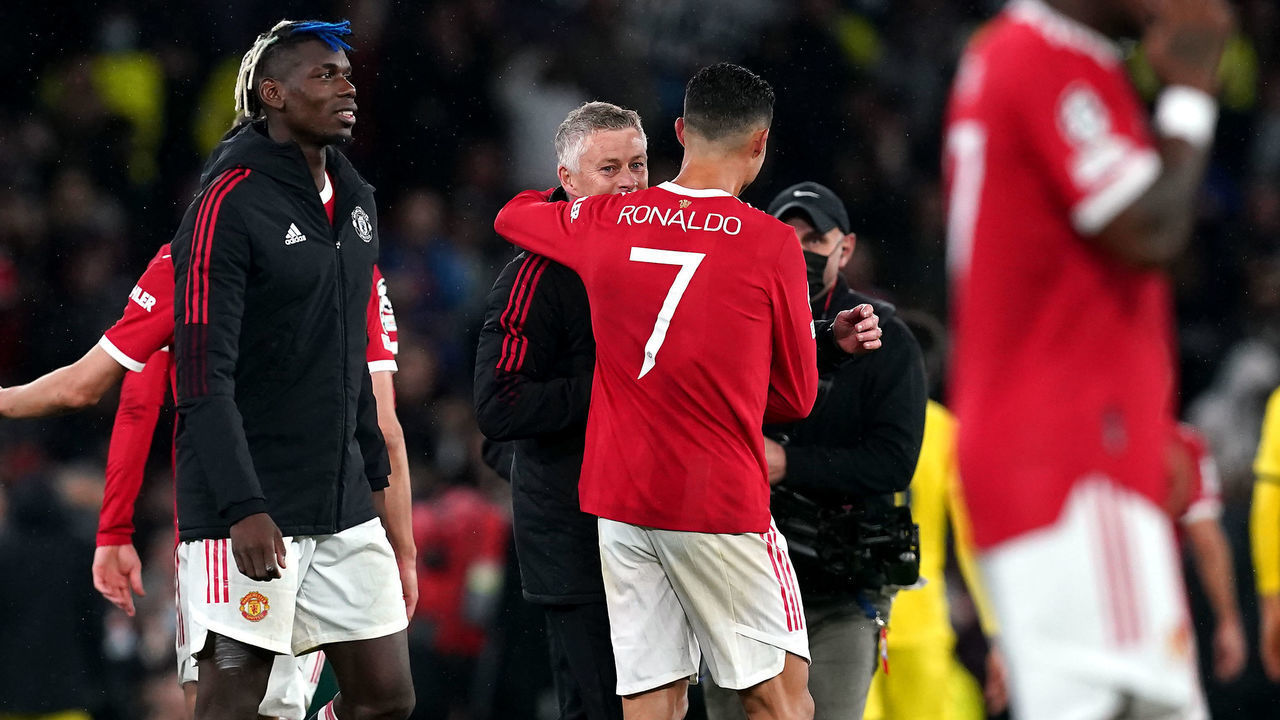 Manchester United's Cristiano Ronaldo and manager Ole Gunnar Solskjaer after the final whistle of the UEFA Champions League, Group F match at Old Trafford, Manchester. Picture date: Wednesday September 29, 2021.