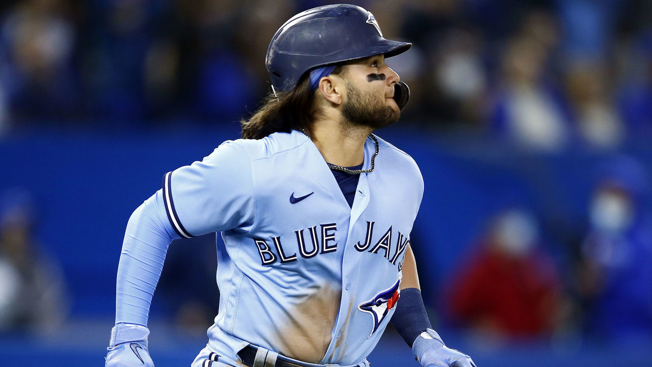 TORONTO, ON - SEPTEMBER 29: Bo Bichette #11 of the Toronto Blue Jays runs the bases on his home run in the eighth inning against the New York Yankees at Rogers Centre on September 29, 2021 in Toronto, Ontario, Canada.