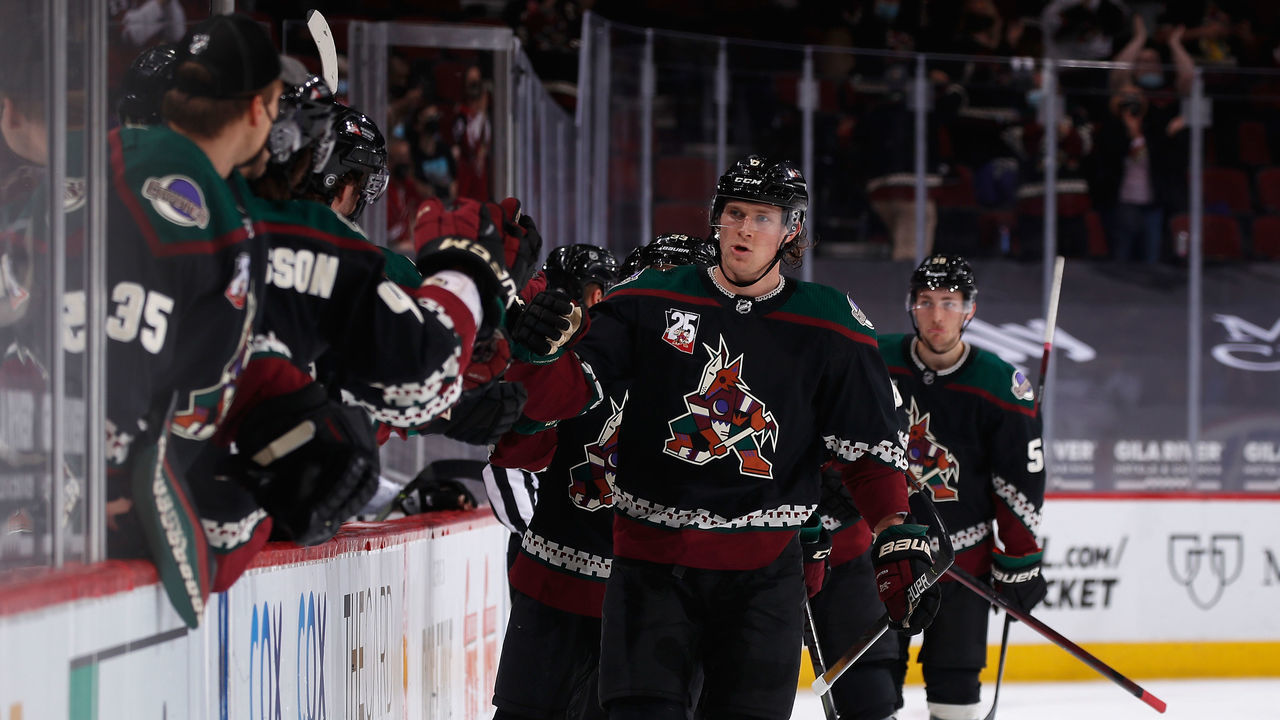 GLENDALE, ARIZONA - MAY 05: Jakob Chychrun #6 of the Arizona Coyotes celebrates with teammates on the bench after scoring a goal against the Los Angeles Kings during the first period of the NHL game at Gila River Arena on May 05, 2021 in Glendale, Arizona.